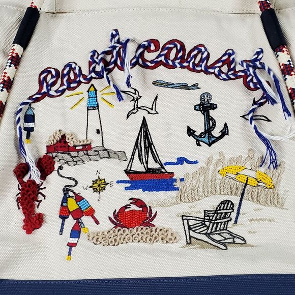 Tory Burch Nautical Canvas Tote East Coast Embroidery Includes Dust Bag NWT $350 - Picture 3 of 9